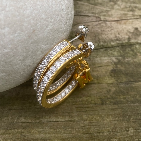 Danbury Mint Initial Hoop Earrings 14k gold plated w/ Diamonisse diamonds K & M - Picture 9 of 13